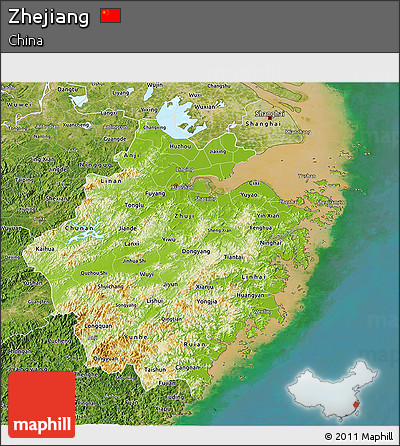 Physical 3D Map of Zhejiang, satellite outside