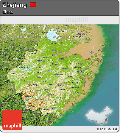 Physical 3D Map of Zhejiang, satellite outside
