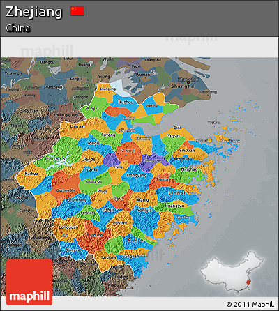 Political 3D Map of Zhejiang, darken, semi-desaturated