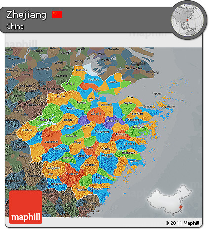 Political 3D Map of Zhejiang, darken, semi-desaturated