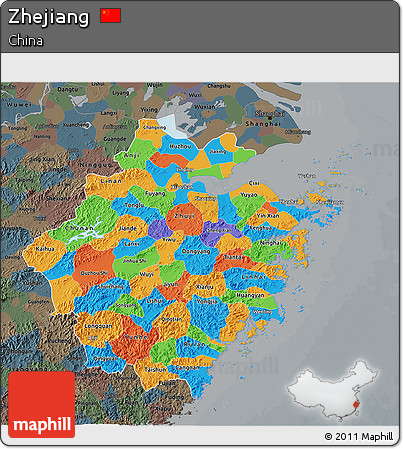 Political 3D Map of Zhejiang, darken, semi-desaturated