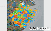 Political 3D Map of Zhejiang, darken, semi-desaturated