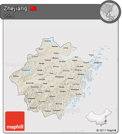 Shaded Relief 3D Map of Zhejiang, cropped outside
