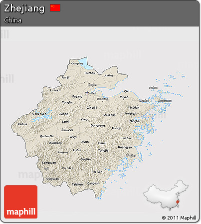 Shaded Relief 3D Map of Zhejiang, cropped outside