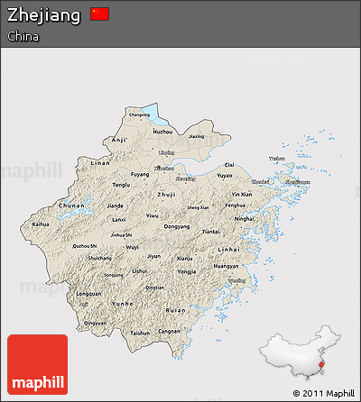 Shaded Relief 3D Map of Zhejiang, cropped outside