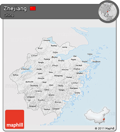 Silver Style 3D Map of Zhejiang, single color outside