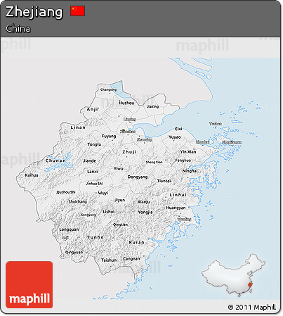 Silver Style 3D Map of Zhejiang, single color outside