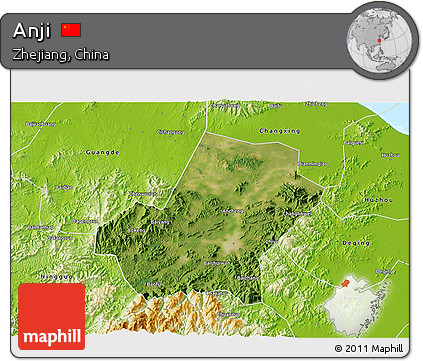 Satellite 3D Map of Anji, physical outside