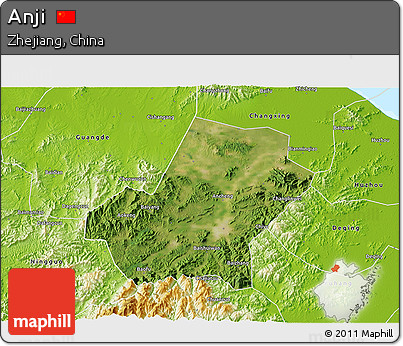 Satellite 3D Map of Anji, physical outside