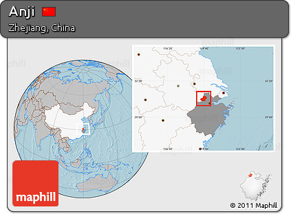 Gray Location Map of Anji, highlighted country, highlighted parent region, hill shading