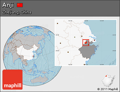 Gray Location Map of Anji, highlighted country, highlighted parent region, hill shading