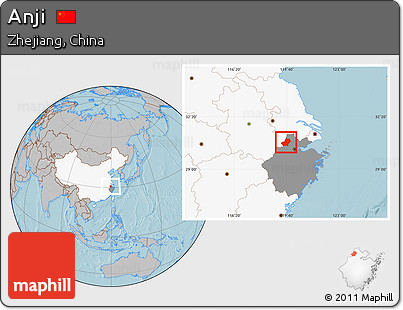 Gray Location Map of Anji, highlighted country, highlighted parent region, hill shading