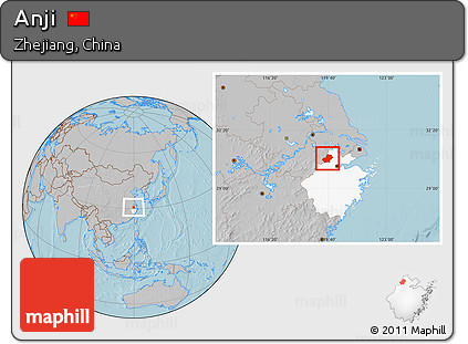 Gray Location Map of Anji, highlighted parent region, hill shading