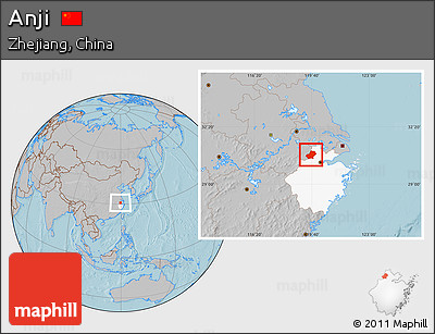 Gray Location Map of Anji, highlighted parent region, hill shading