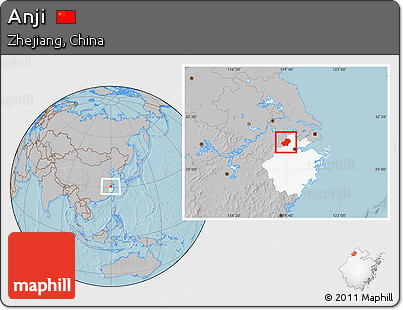 Gray Location Map of Anji, highlighted parent region, hill shading