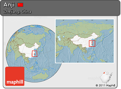 Savanna Style Location Map of Anji, highlighted country, highlighted parent region, within the entire country, hill shading