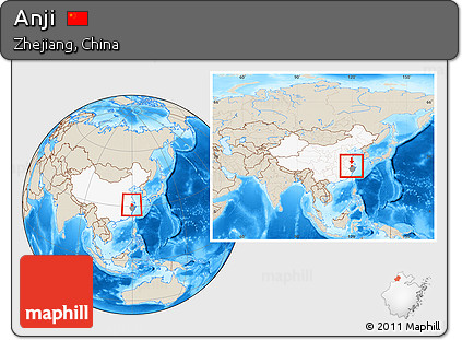 Shaded Relief Location Map of Anji, highlighted country, highlighted parent region, within the entire country