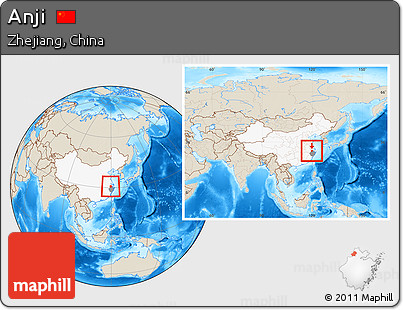 Shaded Relief Location Map of Anji, highlighted country, highlighted parent region, within the entire country