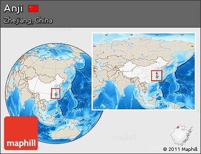 Shaded Relief Location Map of Anji, highlighted country, highlighted parent region, within the entire country