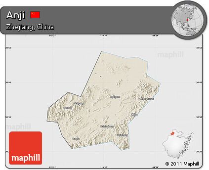 Shaded Relief Map of Anji, single color outside