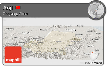 Shaded Relief Panoramic Map of Anji, semi-desaturated