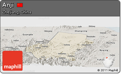 Shaded Relief Panoramic Map of Anji, semi-desaturated