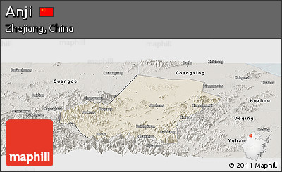 Shaded Relief Panoramic Map of Anji, semi-desaturated