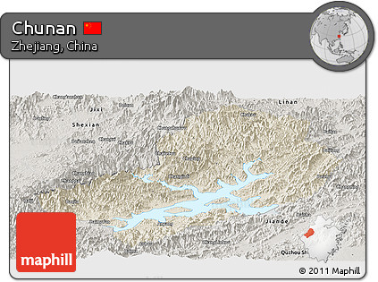 Shaded Relief Panoramic Map of Chunan, semi-desaturated