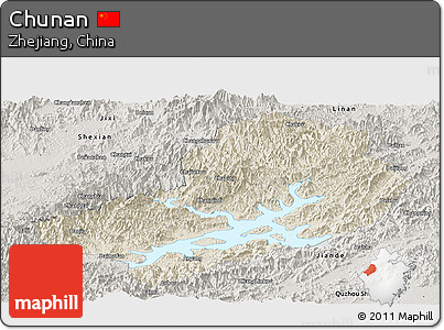 Shaded Relief Panoramic Map of Chunan, semi-desaturated