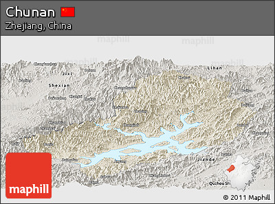 Shaded Relief Panoramic Map of Chunan, semi-desaturated