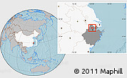 Gray Location Map of Deqing, highlighted country, highlighted parent region, hill shading