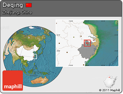 Satellite Location Map of Deqing, highlighted country, highlighted parent region