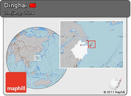 Gray Location Map of Dinghai, highlighted parent region, hill shading
