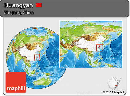 Physical Location Map of Huangyan, highlighted country, highlighted parent region, within the entire country