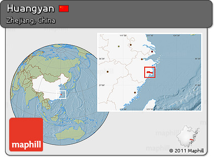 Savanna Style Location Map of Huangyan, highlighted country, hill shading