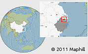 Savanna Style Location Map of Jiaxing, highlighted country, highlighted parent region, hill shading