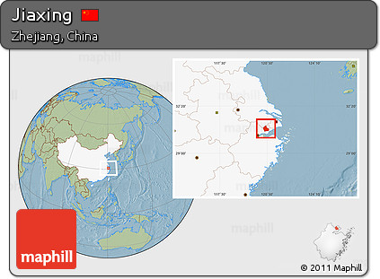 Savanna Style Location Map of Jiaxing, highlighted country, hill shading