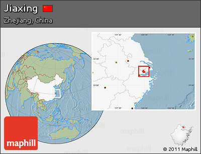 Savanna Style Location Map of Jiaxing, highlighted country, hill shading