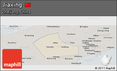 Shaded Relief Panoramic Map of Jiaxing, semi-desaturated