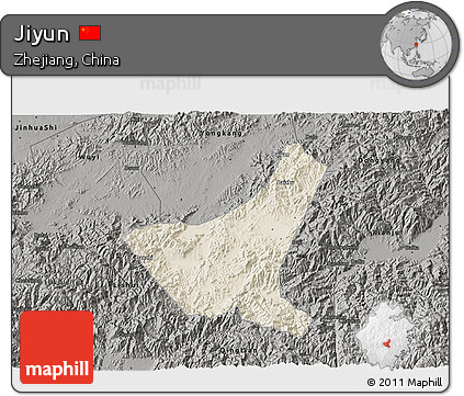 Shaded Relief 3D Map of Jiyun, darken, semi-desaturated