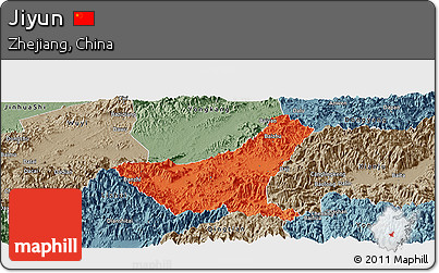 Political Panoramic Map of Jiyun, semi-desaturated
