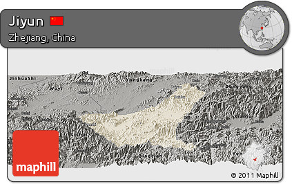 Shaded Relief Panoramic Map of Jiyun, darken, semi-desaturated