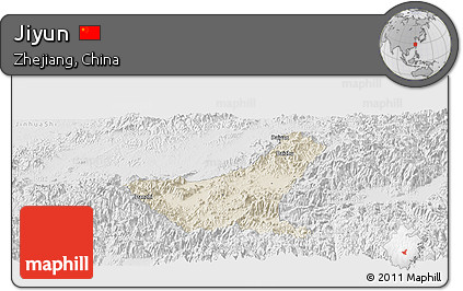 Shaded Relief Panoramic Map of Jiyun, lighten, desaturated