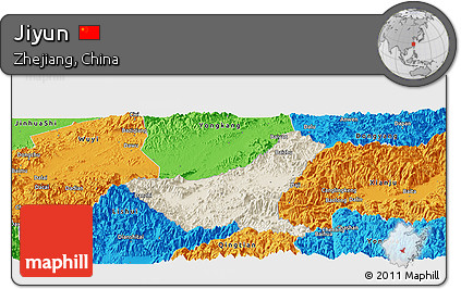 Shaded Relief Panoramic Map of Jiyun, political outside