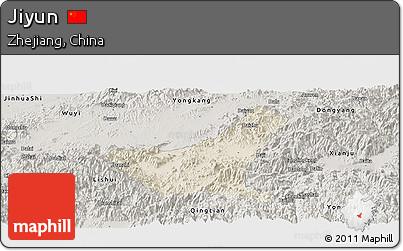 Shaded Relief Panoramic Map of Jiyun, semi-desaturated