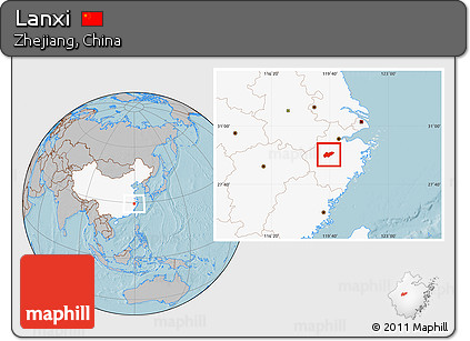 Gray Location Map of Lanxi, highlighted country, hill shading