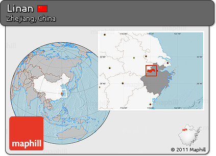 Gray Location Map of Linan, highlighted country, highlighted parent region, hill shading