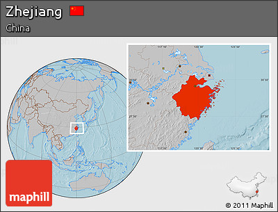 Gray Location Map of Zhejiang, hill shading