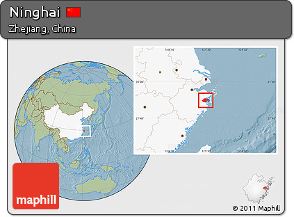 Savanna Style Location Map of Ninghai, highlighted country, hill shading