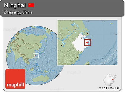 Savanna Style Location Map of Ninghai, highlighted parent region, hill shading